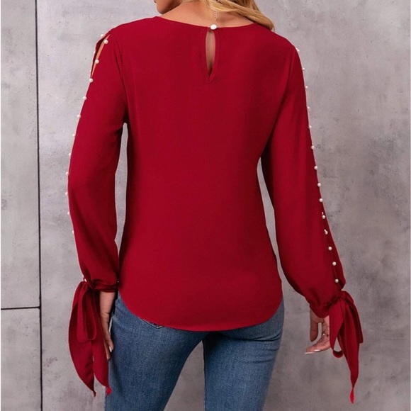 SHEIN Pearl Beaded Tie Cuff Slit Sleeve Blouse - Picture 2 of 6